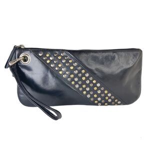 Sophia visconti Clutch Wristlet Studded Black Leather  Lime Green Lined Handbag